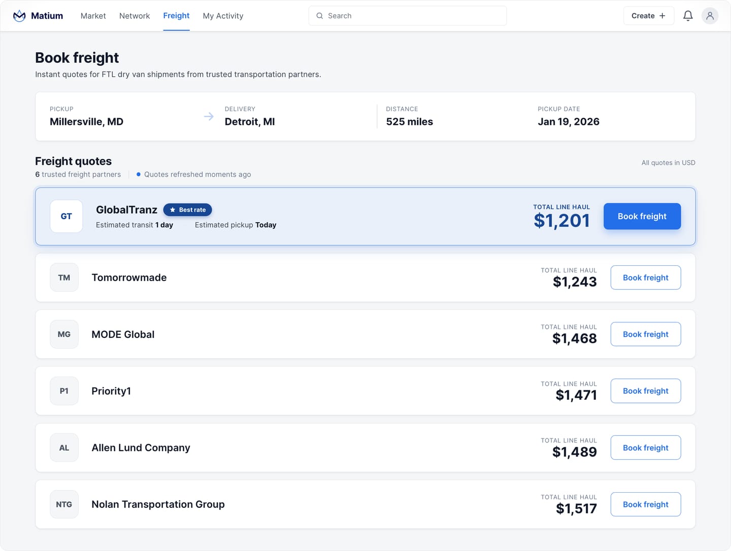 Book Freight page showing instant FTL quotes from multiple carriers with pricing