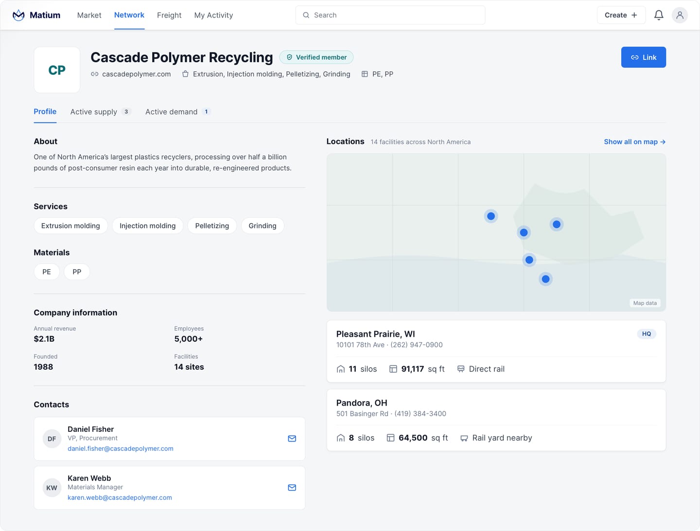 Company intelligence dashboard showing detailed plastics company profiles with facility data