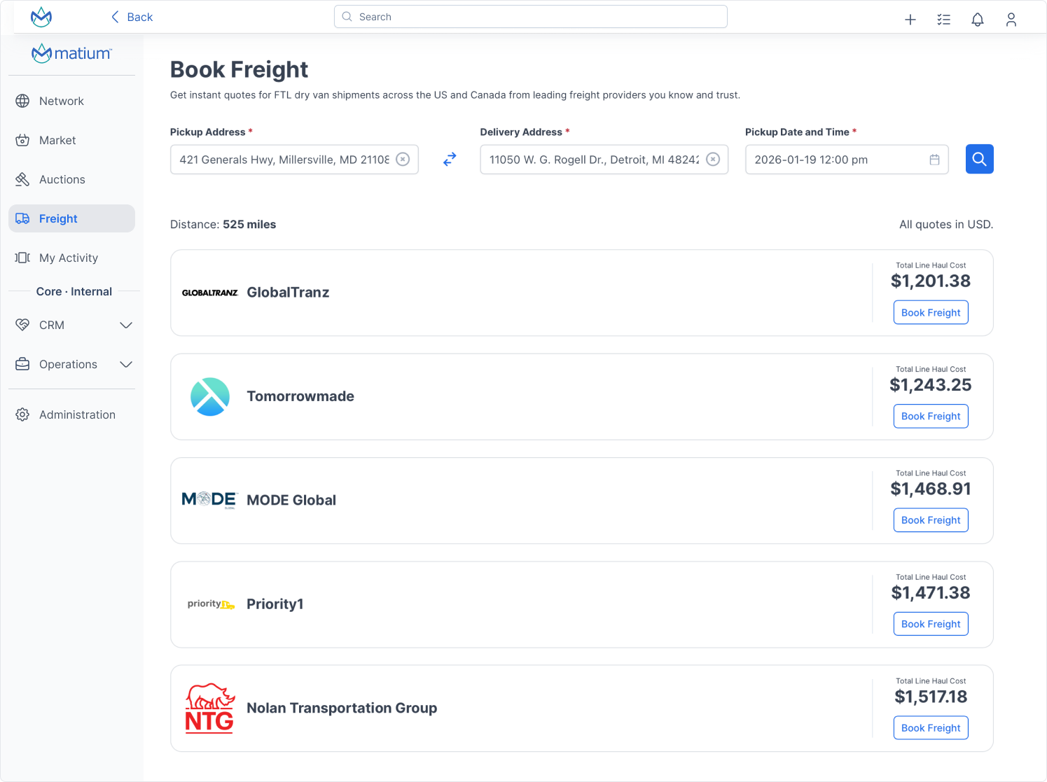 Book Freight page showing instant FTL quotes from multiple carriers with pricing