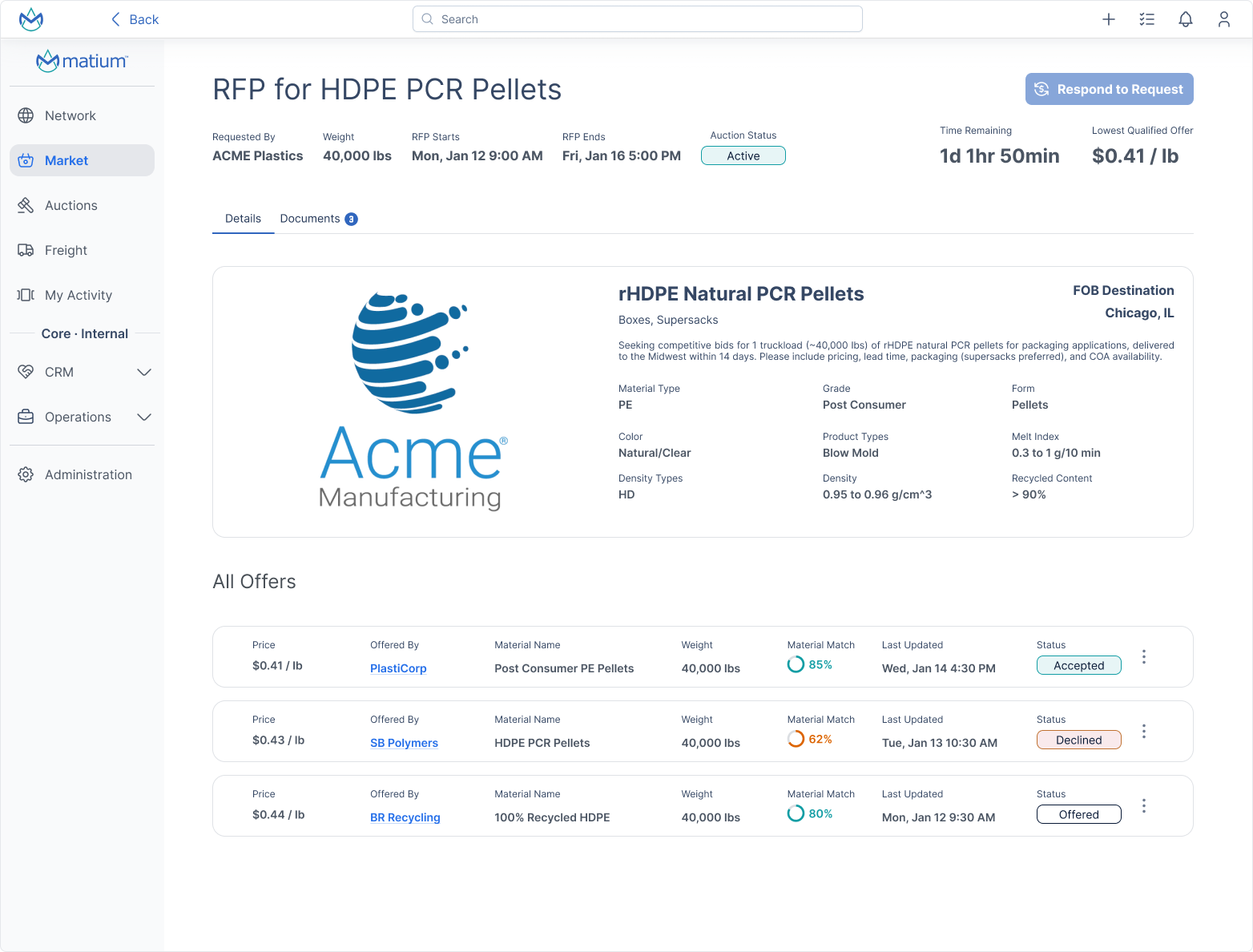 RFP for HDPE PCR Pellets with supplier offers and material matching scores